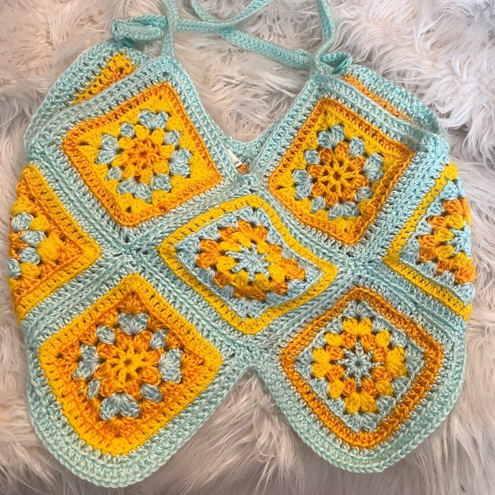 Crochet Square Halter Tank Top - Yellow & Light Blue